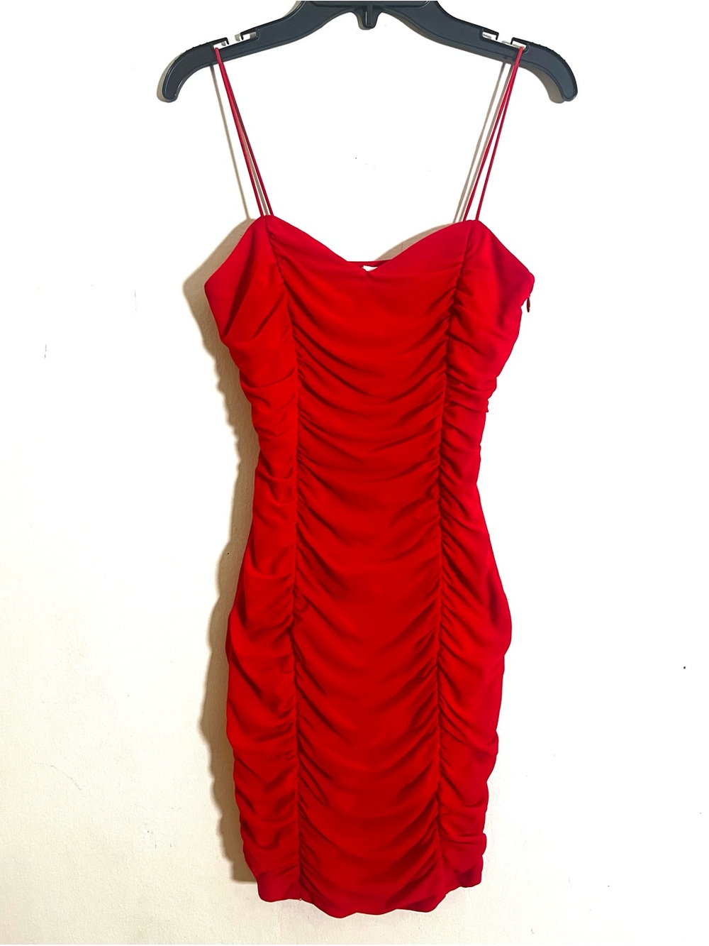Ruched Red Spaghetti Strap Mini Dress